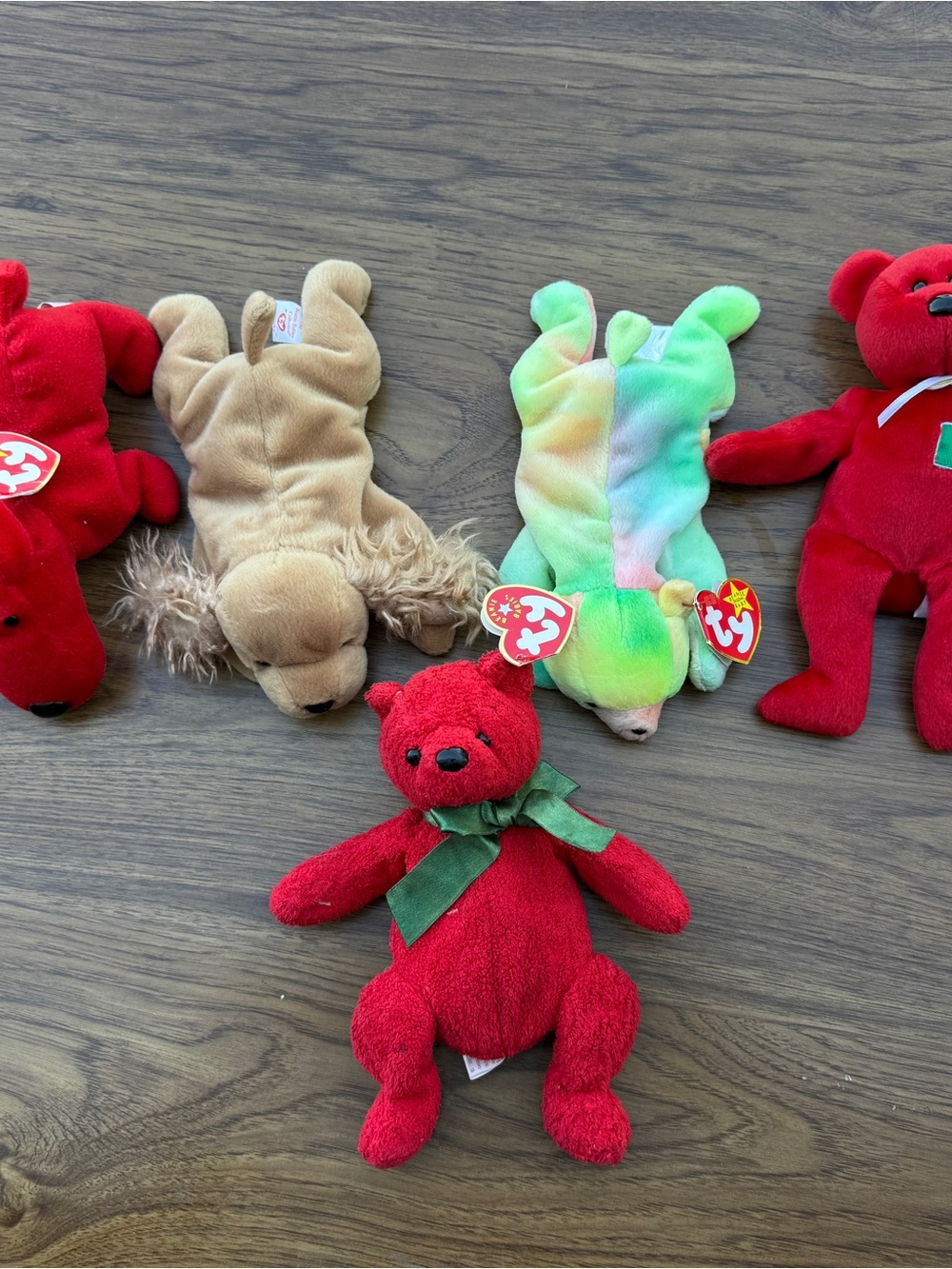 5 Ty Plush Beanie Buddies - Red, Tan, Multi Green